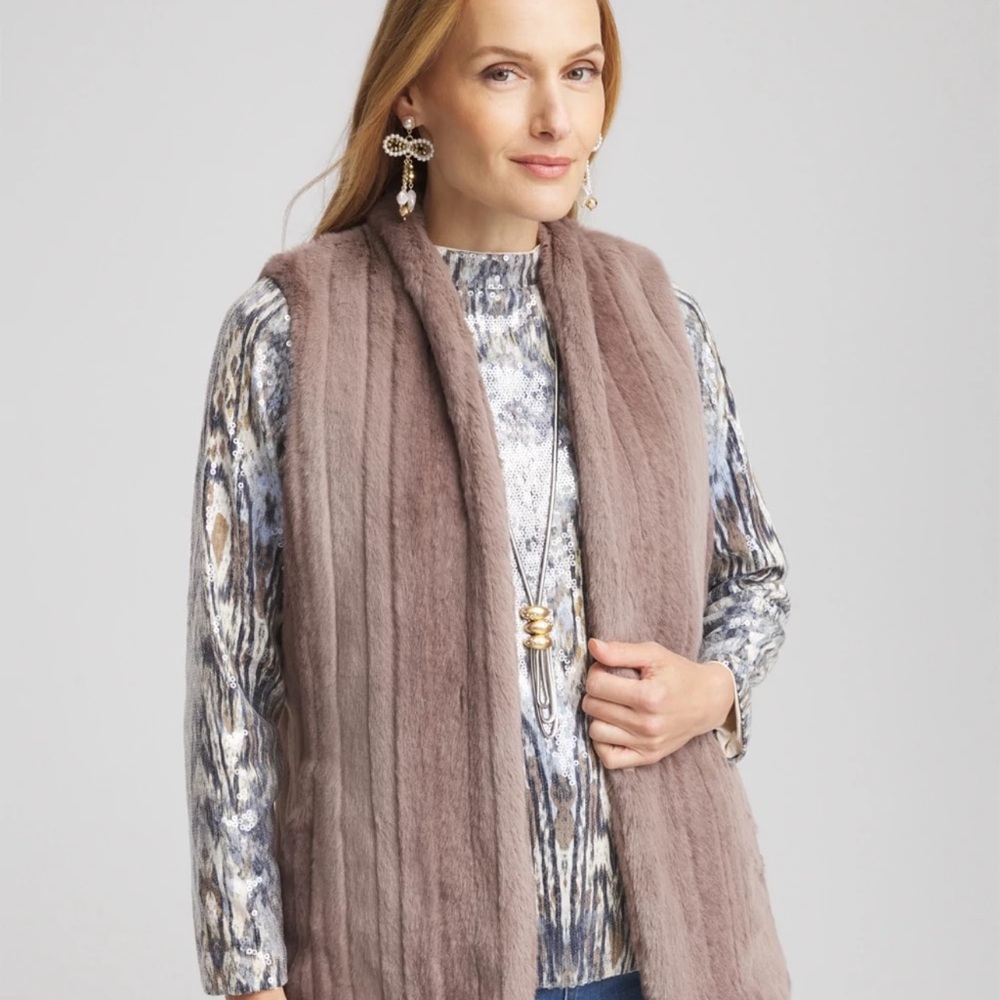Chico's Plush Faux Fur Vest in Soft Brown